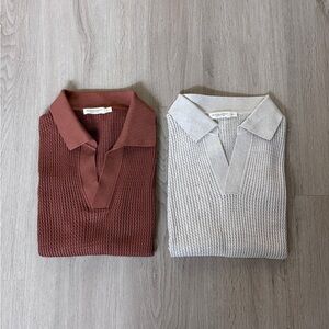 SuitSupply Cotton Silk Crochet Buttonless Polo Shirts Set Brown & Sand Large